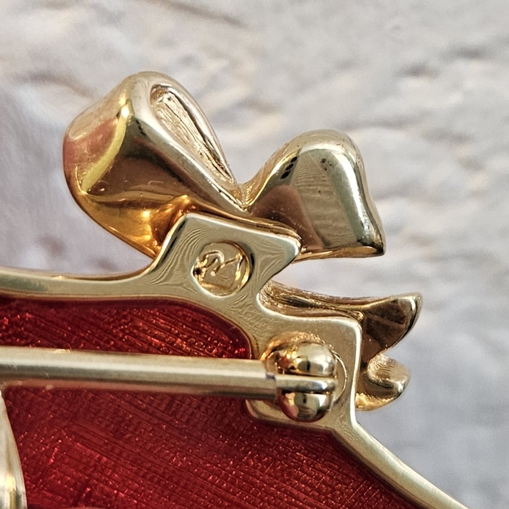 Vintage Swarovski White Red Crystals Brooch Pendant Retro Festive Bow Feminine - Picture 5 of 6